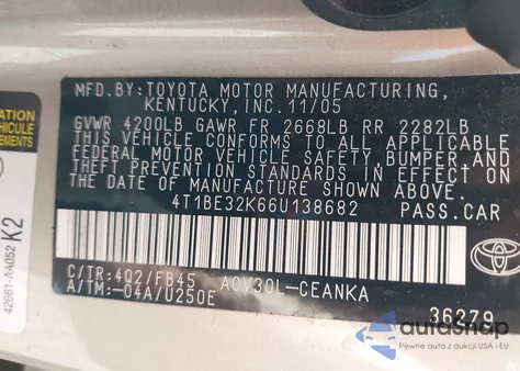 2006 Toyota Camry Le/Se/Std/Xle z USA, uszkodzony, nr VIN 4T1BE32K66U138682